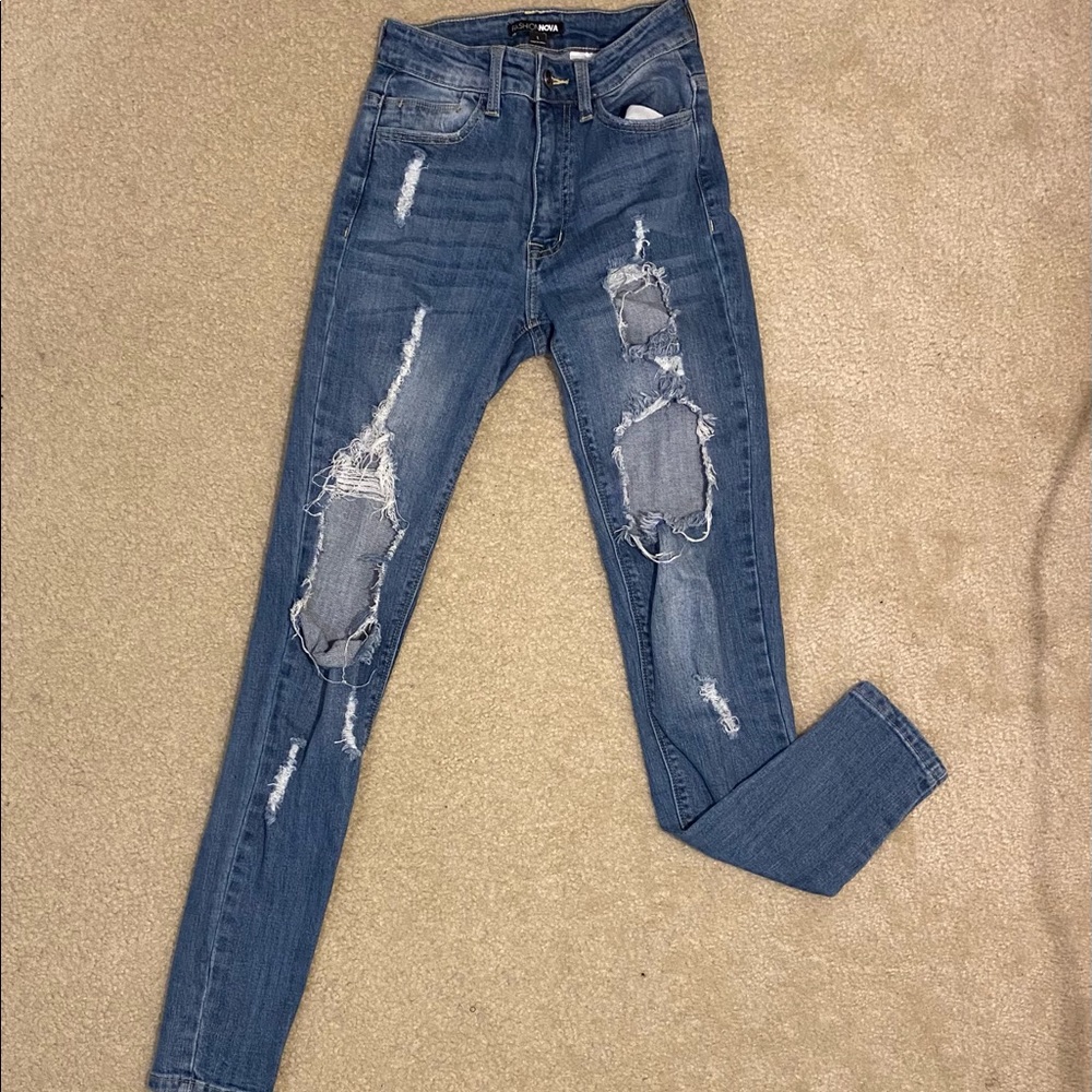 Blue, skinny, distressed jeans